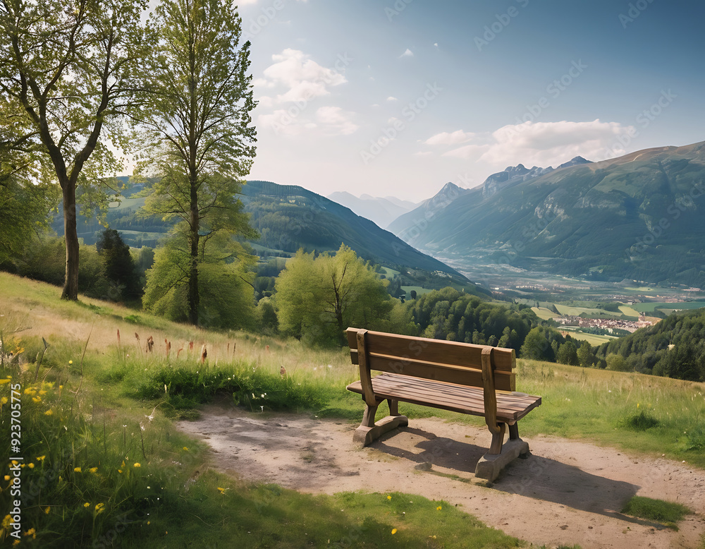 A majestic mountain vista with a peaceful valley and a wooden bench inviting contemplation. Perfect for travel brochures, nature-themed websites, or inspirational wall art. A majestic mountain vista with a peaceful valley and a wooden bench inviting contemplation. Perfect for travel brochures, nature-themed websites, or inspirational wall art.
