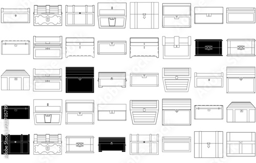 Set Of Linear Chests Vector Symbols Apps, Websites Ui Designs Suitable For Storage,Chest,Coffer,Container,Cage Outline Icons Collection. Simple Vector Illustration