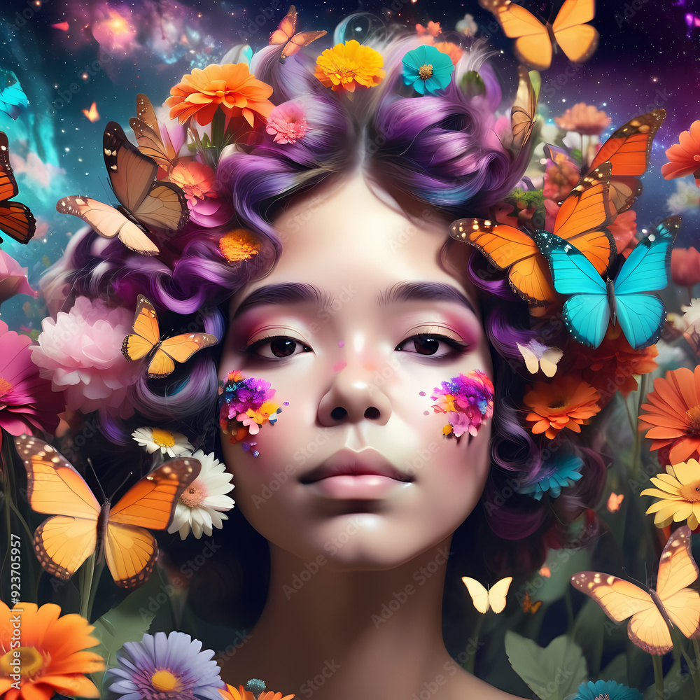 Obraz premium A captivating portrait of a young woman adorned with vibrant flowers and shimmering butterflies, set against a backdrop of swirling galaxies. Her colorful hair and floral makeup create a sense of ethe