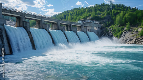 Hydroelectric dam with flowing water 