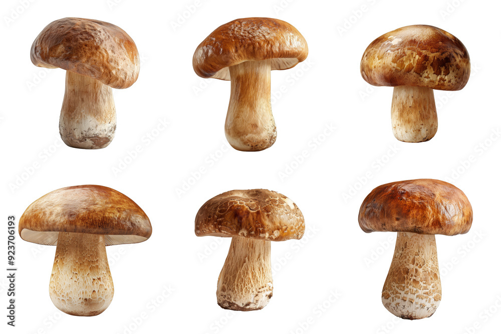 Six Whole Brown Mushrooms with White Stems Six Whole Brown Mushrooms with White Stems