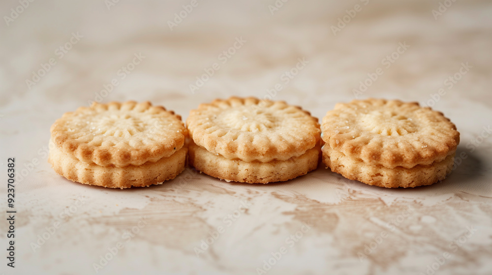 Three shortbread cookies placed in a row on a light-colored table Three shortbread cookies placed in a row on a light-colored table