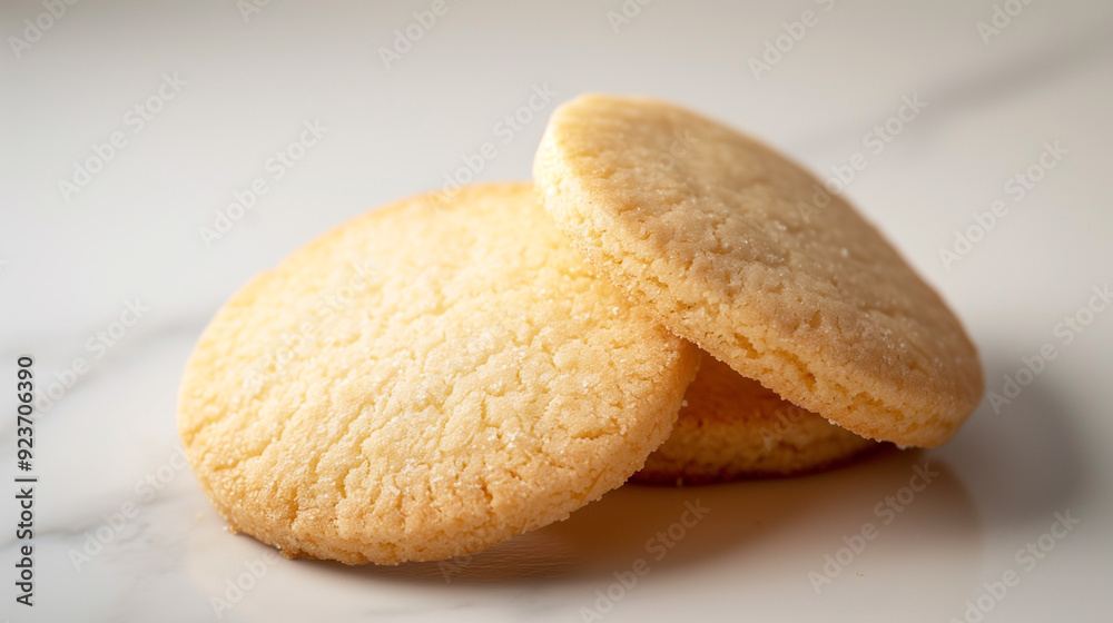 Two shortbread cookies resting side by side on a smooth white surface Two shortbread cookies resting side by side on a smooth white surface