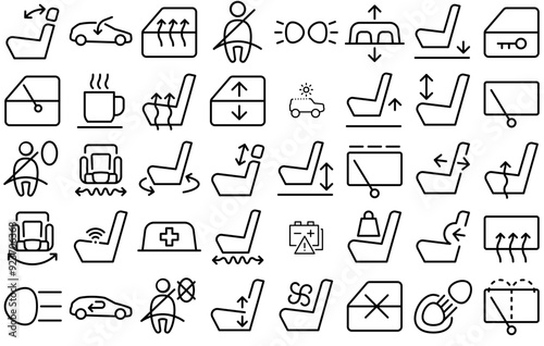 Mega Set Of Vector Car Dashboard Outline Part Icons Web Header Banner Design Containing Car,Seat,Height,Side,Adjustment Stroke Icon Collection. Vector Illustration