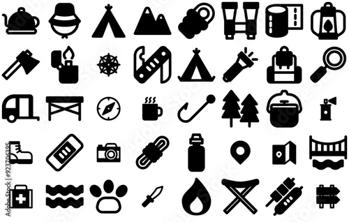 A Collection Of Camping_Glyph Icons Collection Isolated Silhouette Solid Icons Including Tools,Navigation,Outdoor,Direction,Drink Vector Icons Illustration Collection
