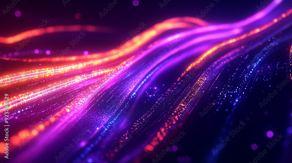 Colorful abstract light trails flowing through a dark space with glowing particles Colorful abstract light trails flowing through a dark space with glowing particles