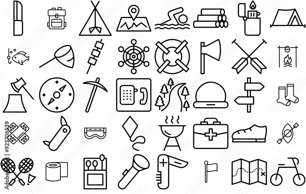 Naklejka premium Set Of Camping Line Icons Silhouette Vector Logo Design Containing Camping,Navigation,Pocket-Knife,Axe,Knife Pictograms And Infographics Design Elements Vector Illustration