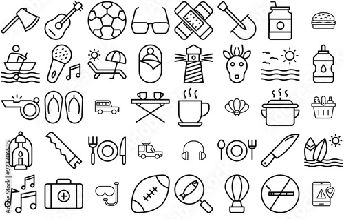 Set Of Linear Camping Line Glyphs Icons Collection Isolated Silhouette Solid Icons Including Hot,Camping,Sun,Outdoor,Tour Stroke Icon Collection. Vector Illustration