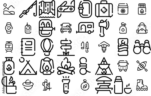 A Collection Of Camping Adventure Vector Symbols Apps, Websites Ui Designs Suitable For Travel,Outdoor,Adventure,Hiking,Camping Pictograms And Infographics Design Elements Vector Illustration