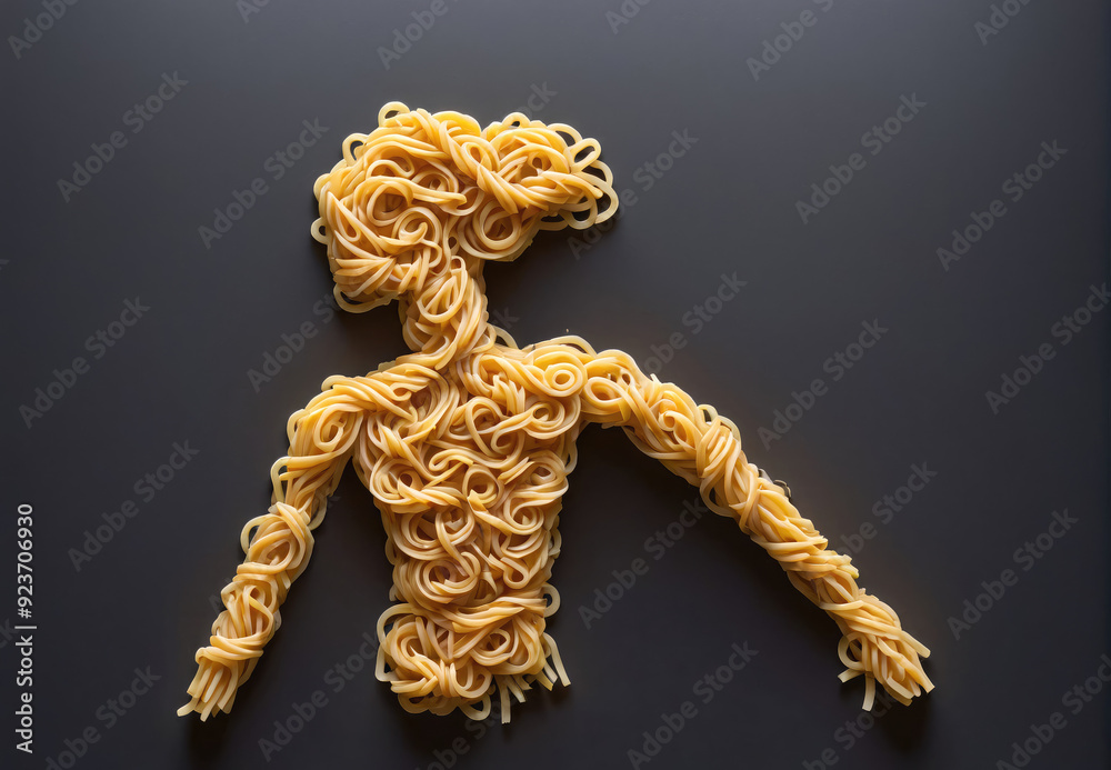 Creative Arrangement of Cooked Pasta Forming a Human Figure on Dark Surface Creative Arrangement of Cooked Pasta Forming a Human Figure on Dark Surface