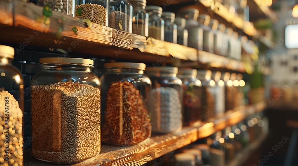 A row of glass jars filled with different types of grains, neatly arranged on a wooden shelf, captured in the warm, natural light of sunset, highlighting the textures and natural colors. A row of glass jars filled with different types of grains, neatly arranged on a wooden shelf, captured in the warm, natural light of sunset, highlighting the textures and natural colors.
