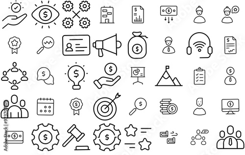 A Collection Of Business Icons Web Header Banner Design Containing Money,Chart,Cash,Finance,Business Outline Icons Collection. Simple Vector Illustration