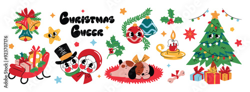 Merry christmas and happy new year cartoon characters decoration element set. Holidays greeting for design, poster, print, background.
