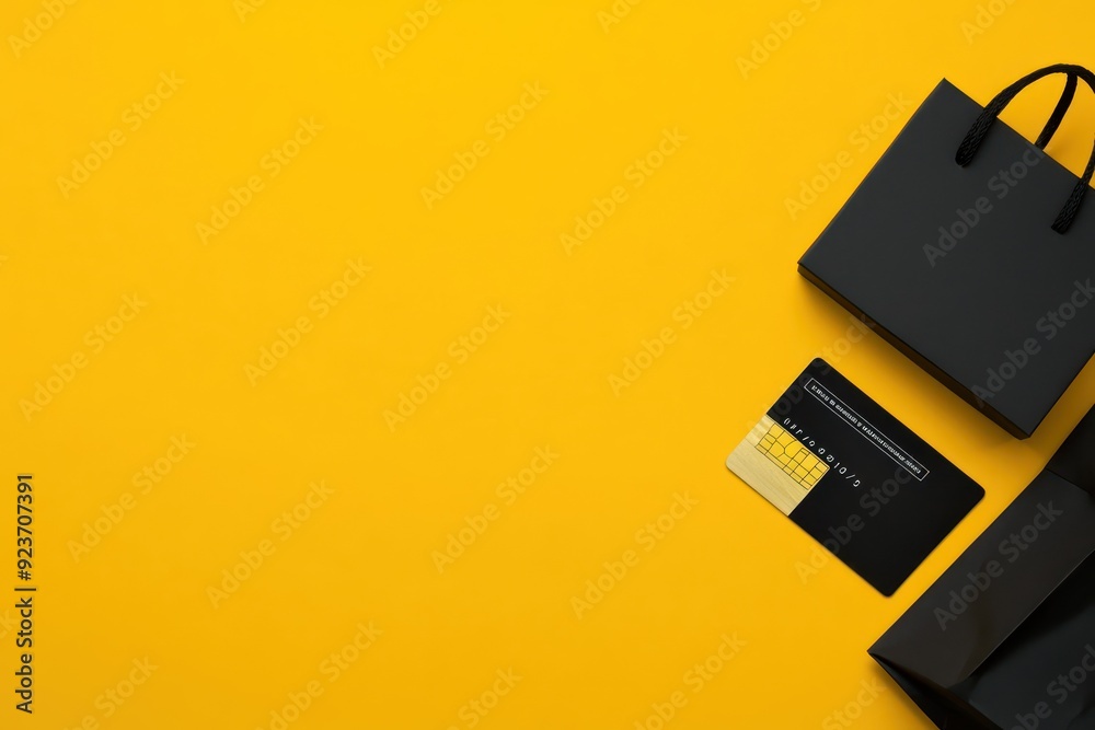 Black Shopping Bag and Credit Card on Yellow Background Black Shopping Bag and Credit Card on Yellow Background