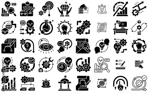 A Collection Of Business Transformation Isolated Silhouette Solid Icons With Innovation,Progress,Collaboration,Advancement,Development Business Infographic Elements Logo Vector Illustration