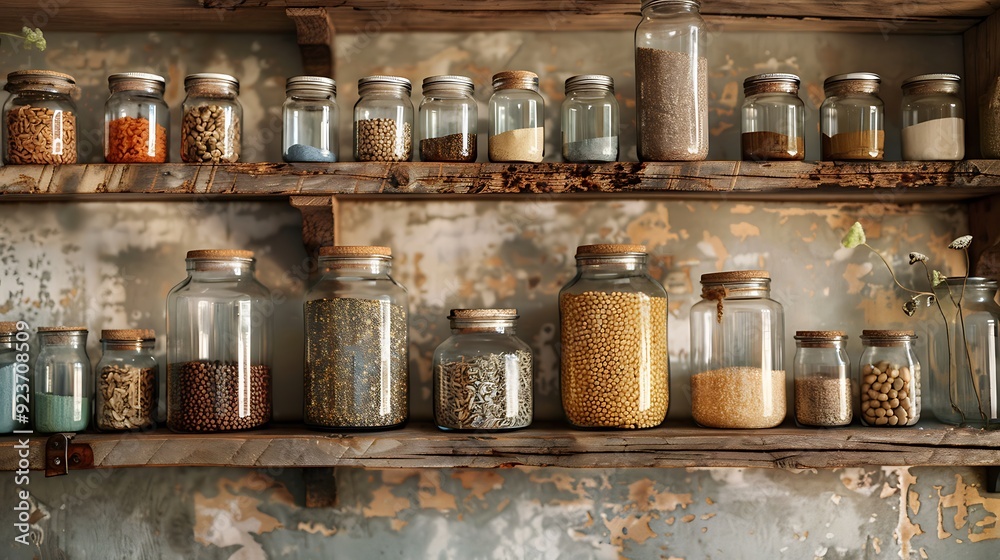 A serene kitchen scene with glass jars filled with assorted grains, neatly lined up on a rustic wooden shelf, with soft natural light creating subtle shadows and highlights, A serene kitchen scene with glass jars filled with assorted grains, neatly lined up on a rustic wooden shelf, with soft natural light creating subtle shadows and highlights,