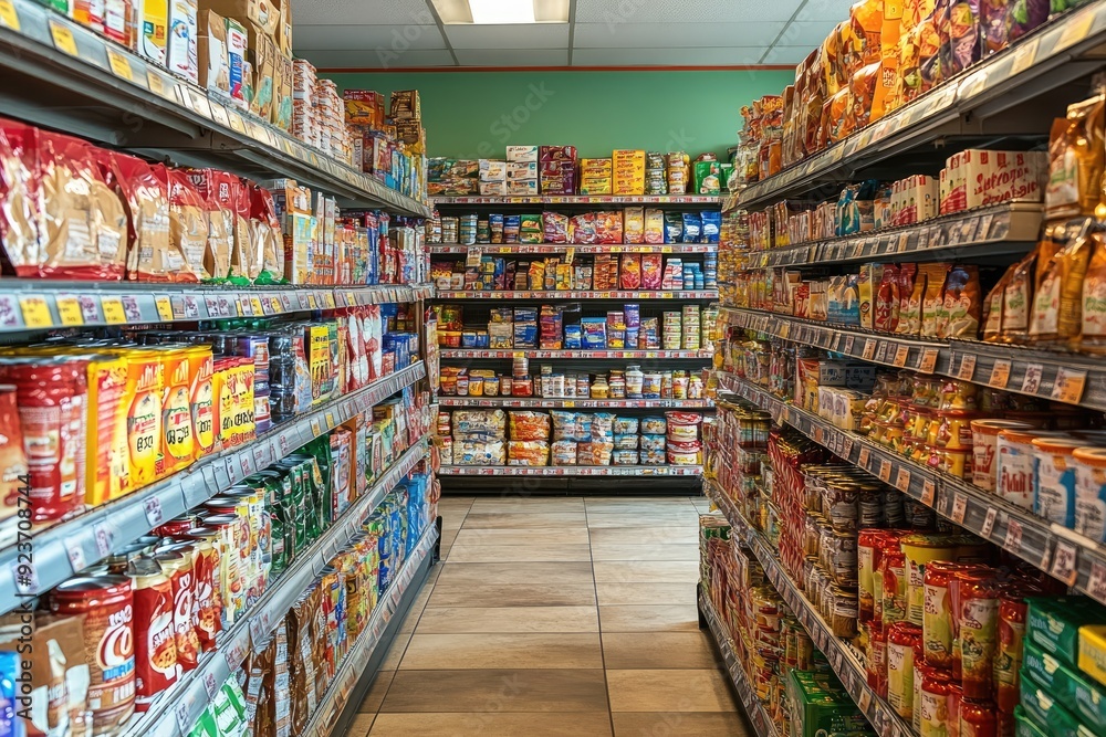 Fototapeta premium Aisle of Canned Goods and Snacks in a Grocery Store