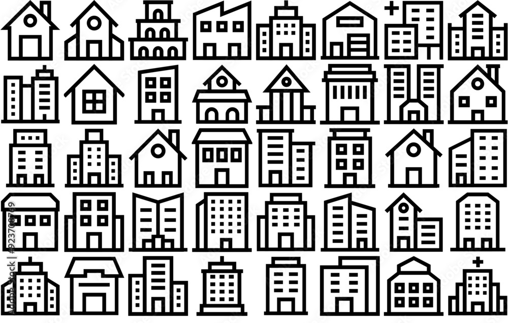 Set Of Linear Buildings Line Icons Web Header Banner Design Containing Building,Real-Estate,Flats,Apartments,Trade-Center Outline Icons Collection. Simple Vector Illustration Set Of Linear Buildings Line Icons Web Header Banner Design Containing Building,Real-Estate,Flats,Apartments,Trade-Center Outline Icons Collection. Simple Vector Illustration