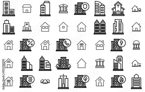 Set Of Linear Buildings Isolated Silhouette Solid Icons With Building,Architecture,City,Company,Office Set Vector Flat Line Icons