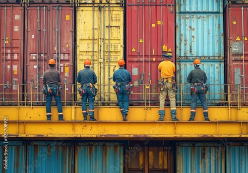 Crane operators and dockworkers managing containers and cargo at a vibrant port, illustrating the complexity and scale of dockside operations photo