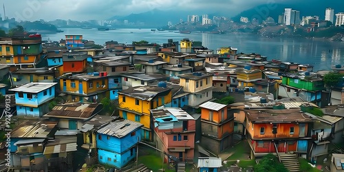 Stark Depiction of an Indian Slum: Economic Hardship, Garbage, and Environmental Pollution Highlighted in the Urban Landscape. A Powerful Representation of Socioeconomic Challenges and Environmental I photo