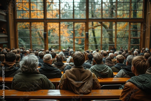 Audience Backs Facing a Large Window with Autumn Trees photo