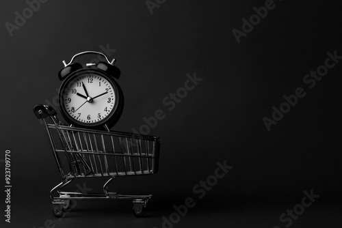 Black Alarm Clock Inside a Shopping Cart on a Black Background photo