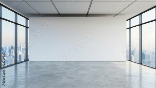 large white wall in an empty modern office space with concrete floors and floor-to-ceiling windows