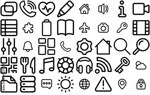 A Collection Of Basic Isolated Silhouette Solid Icons With Search,Support,Key,Internet,Seek Outline Icons Collection. Simple Vector Illustration