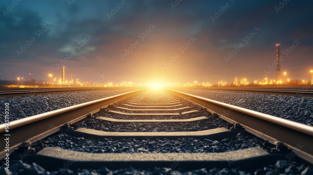 A captivating view of railway tracks illuminated by a bright light at dusk, creating a sense of journey and adventure. A captivating view of railway tracks illuminated by a bright light at dusk, creating a sense of journey and adventure.