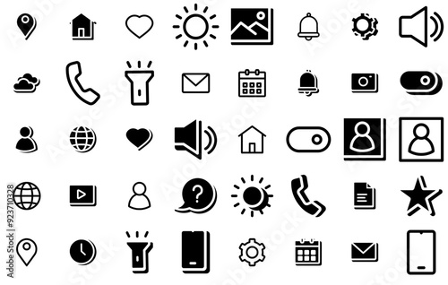 Set Of Linear Basic Ui Vector Symbols Apps, Websites Ui Designs Suitable For Phone,Avatar,Money,Alarm,Time Stroke Icon Collection. Vector Illustration