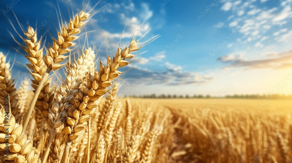 Golden wheat stalks glimmer under the warm sunlight, showcasing the beauty of nature's bounty and a clear blue sky. Golden wheat stalks glimmer under the warm sunlight, showcasing the beauty of nature's bounty and a clear blue sky.