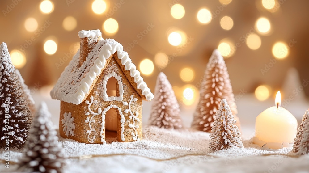 Decoration of gingerbread house on white background with defocused golden lights. Handmade.