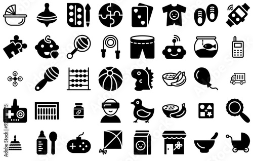 Set Of Babies Toys Line Glyphs Isolated Silhouette Solid Icons With Play,Child,Toy,Kids,Baby Outline Icons Collection. Simple Vector Illustration