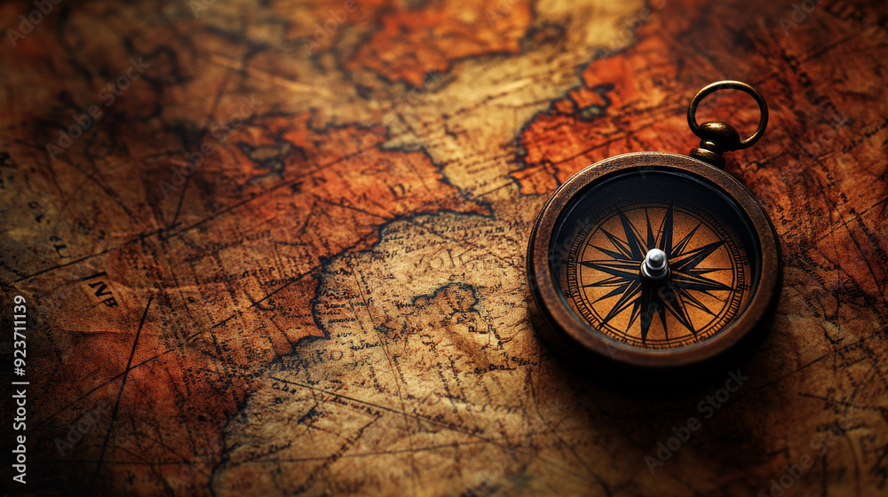 An antique sea compass set against an abstract map background. The scene evokes a pirate and nautical theme with a grunge effect, reflecting a retro style.