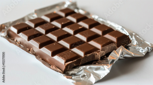 Opened chocolate bar showing its unbroken surface and foil packaging partially peeled back photo