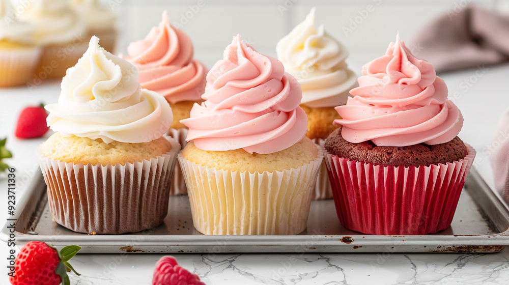 Three cupcakes with even frosting, placed side by side on a simple serving tray Three cupcakes with even frosting, placed side by side on a simple serving tray