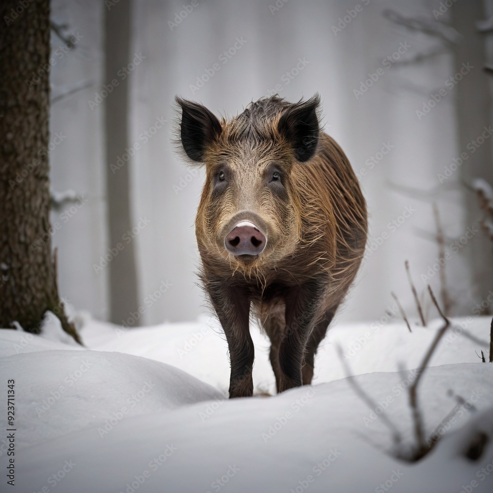 wild boar pig wildlife animal in the snow wild boar pig wildlife animal in the snow