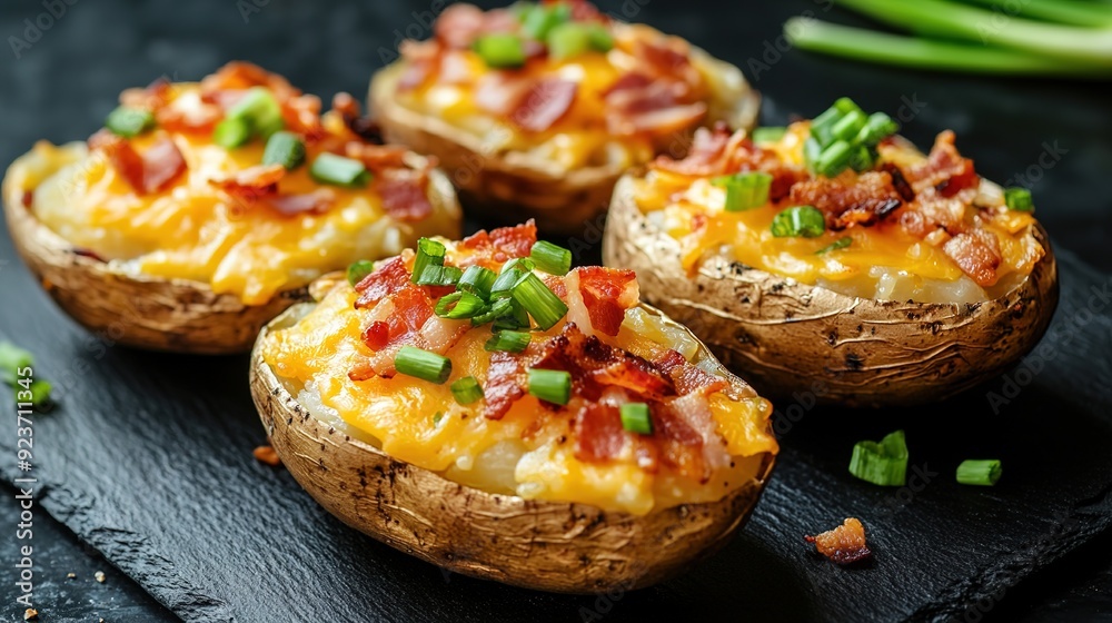 Close-Up of Baked Potatoes in Their Jackets, Topped with Bacon, Green Onions, and Cheddar Cheese, Served on a Black Slate Board – A Delicious Snack and Fast Food Treat Close-Up of Baked Potatoes in Their Jackets, Topped with Bacon, Green Onions, and Cheddar Cheese, Served on a Black Slate Board – A Delicious Snack and Fast Food Treat