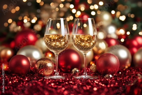 Festive Holiday Celebration with White Wine and Ornaments