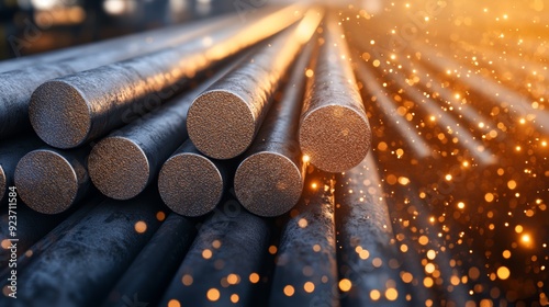 Close-up of steel rods with a sparkling background, showcasing industrial materials in an artistic, vibrant setting. photo