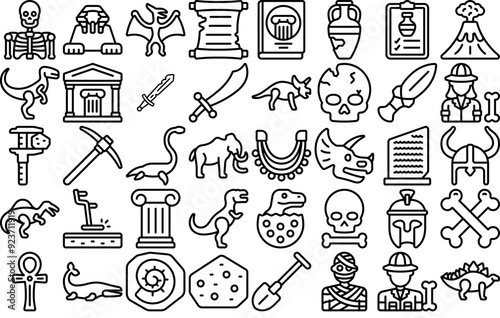 A Collection Of Archeology Outline Icons Web Header Banner Design Containing Dinosaur,Ancient,Dino,Jurassic,Tool Vector Icons Illustration Collection