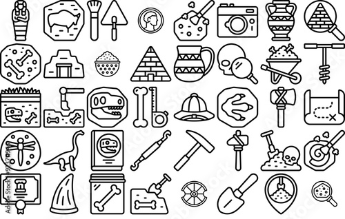 Mega Set Of Vector Archeology Outline Icons Web Header Banner Design Containing Jurassic,Dinosaur,Dino,Ancient,Tool Business Infographic Elements Logo Vector Illustration