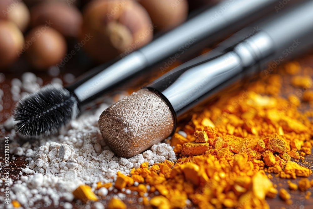 Close-up of Makeup Brushes with Metallic Eyeshadows and Glitter Close-up of Makeup Brushes with Metallic Eyeshadows and Glitter
