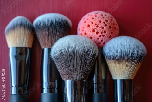 Close-up of makeup brushes and a sponge on a red background