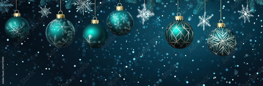 A dark teal background with hanging Christmas balls and snowflakes, creating an elegant festive design for a web banner or presentation cover. A dark teal background with hanging Christmas balls and snowflakes, creating an elegant festive design for a web banner or presentation cover.