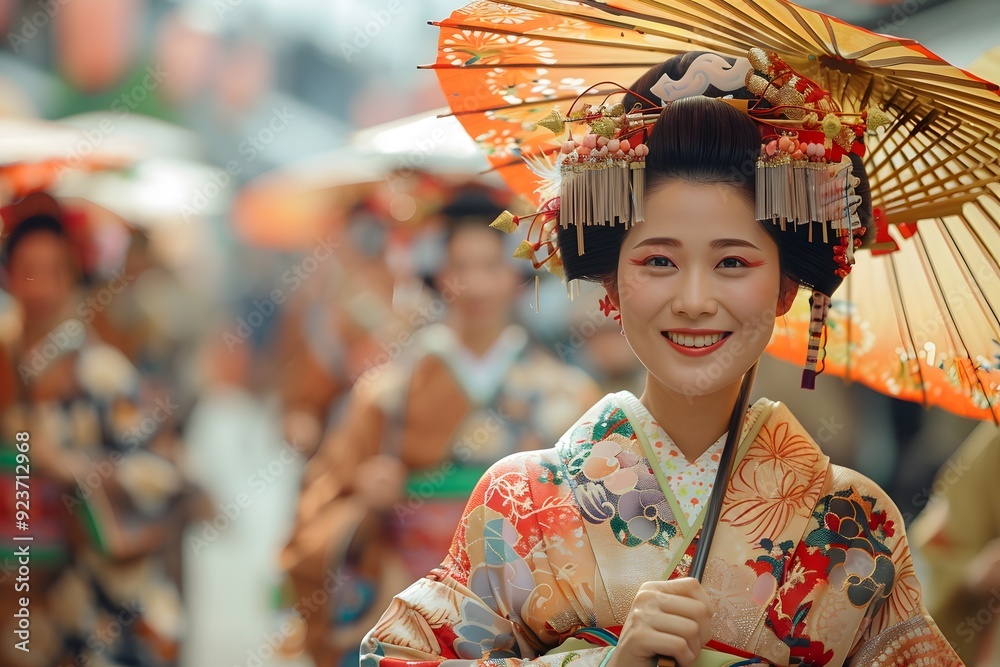 Portrait of a Beautiful Geisha in a Kimono Celebrating a Japanese Festival Outdoors. Capturing the Grace and Cultural Significance of Traditional Japanese Attire in a Vibrant Street Celebration. A Ref Portrait of a Beautiful Geisha in a Kimono Celebrating a Japanese Festival Outdoors. Capturing the Grace and Cultural Significance of Traditional Japanese Attire in a Vibrant Street Celebration. A Ref