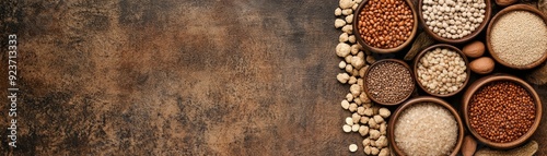 An assortment of various grains and seeds in rustic bowls on a textured surface, showcasing natural ingredients for healthy cooking.