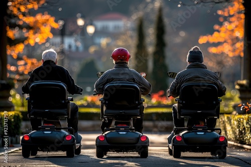 Three elderly men ride their mobility scooters down a park path photo