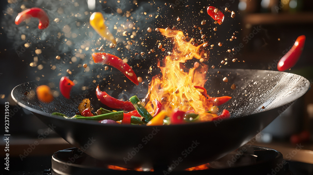 A stunning action shot of colorful vegetables being tossed high in a wok with flames, capturing the dynamic and flavorful process of a stir fry cooking technique. A stunning action shot of colorful vegetables being tossed high in a wok with flames, capturing the dynamic and flavorful process of a stir fry cooking technique.